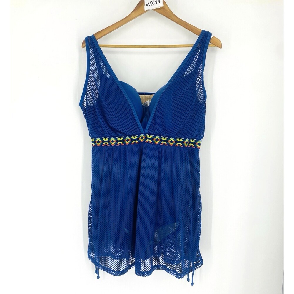 Cacique Blue 1 Pc Swimsuit Swimdress 44DD Mesh Balconette Plus Size Underwire
